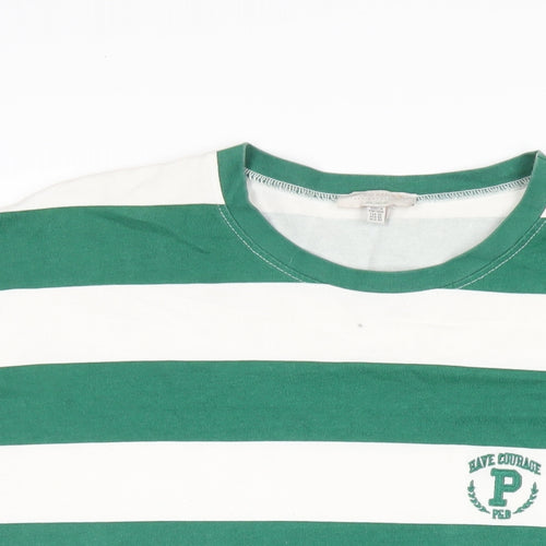 Pull&Bear Mens Green Striped Cotton T-Shirt Size XL Round Neck
