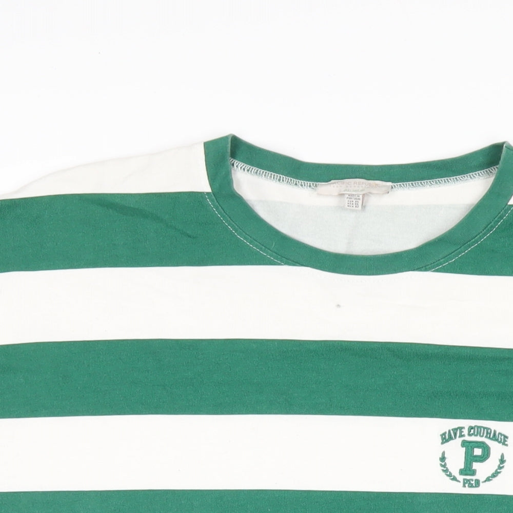 Pull&Bear Mens Green Striped Cotton T-Shirt Size XL Round Neck