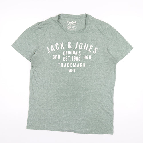 JACK & JONES Mens Green Cotton T-Shirt Size L Round Neck