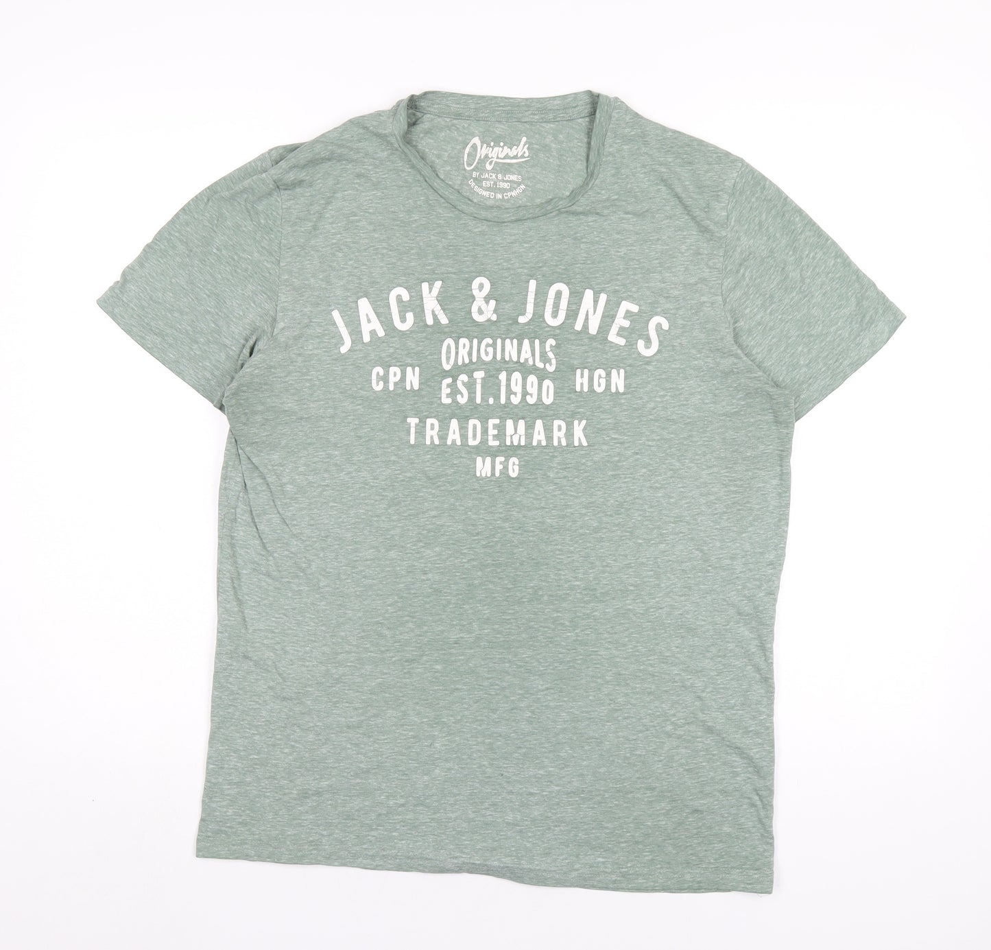 JACK & JONES Mens Green Cotton T-Shirt Size L Round Neck