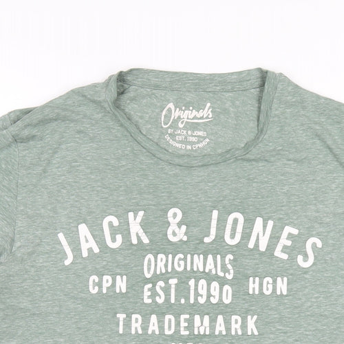 JACK & JONES Mens Green Cotton T-Shirt Size L Round Neck