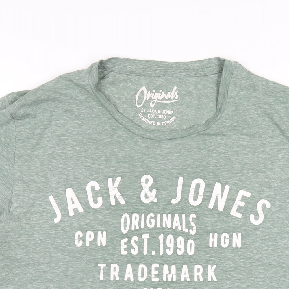 JACK & JONES Mens Green Cotton T-Shirt Size L Round Neck