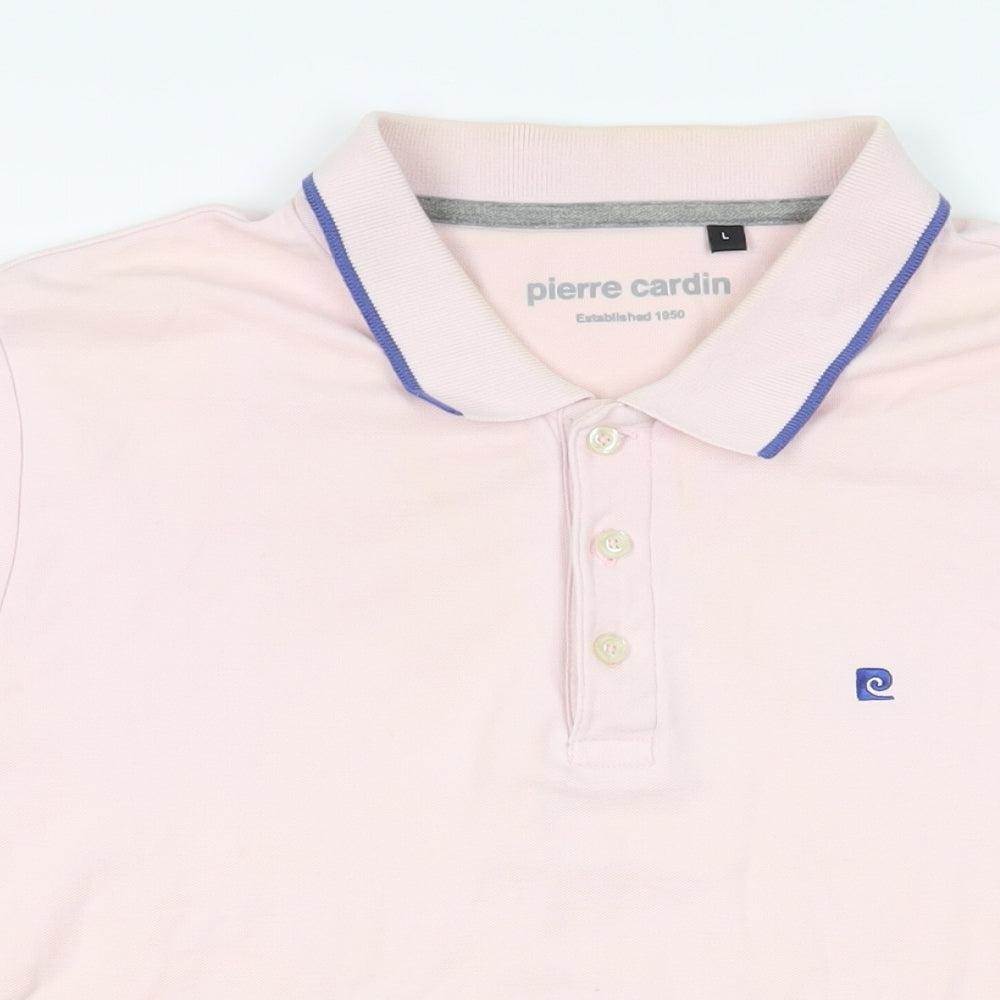 Pierre Cardin Mens Pink Cotton Polo Size L Collared Button - Logo