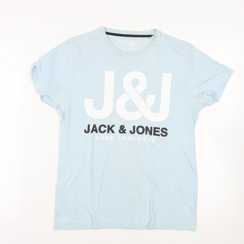 JACK & JONES Mens Blue Cotton T-Shirt Size M Crew Neck - Logo