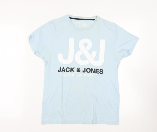 JACK & JONES Mens Blue Cotton T-Shirt Size M Crew Neck - Logo