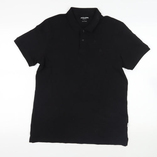 JACK & JONES Mens Black Cotton Polo Size L Collared Button - Logo