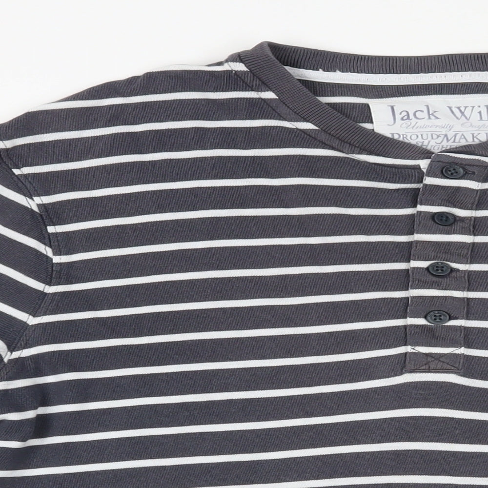 Jack Wills Mens Blue Striped Cotton T-Shirt Size M Henley - Logo