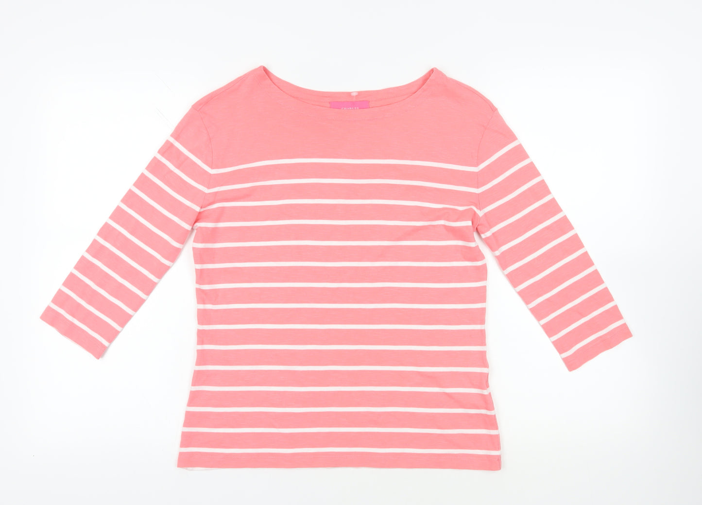 Charles Tyrwhitt Womens Pink Striped Cotton Basic T-Shirt Size 8 Boat Neck