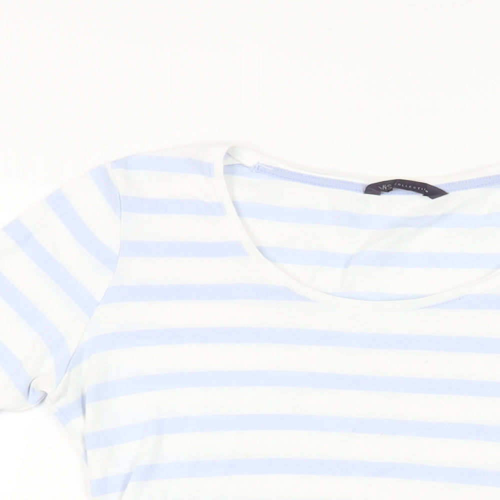 Marks and Spencer Womens Blue Striped Cotton Basic T-Shirt Size 12 Round Neck