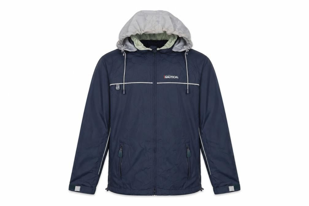 Front view of Nautical men’s blue windbreaker jacket, size S, zip - logo zipped pockets technical waterproof