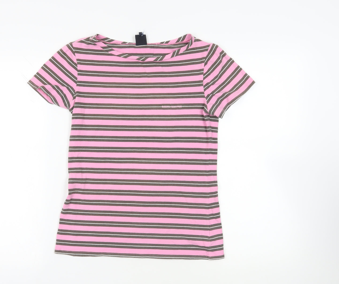 Daniel Hechter Womens Pink Striped Cotton Basic T-Shirt Size 8 Boat Neck - Logo