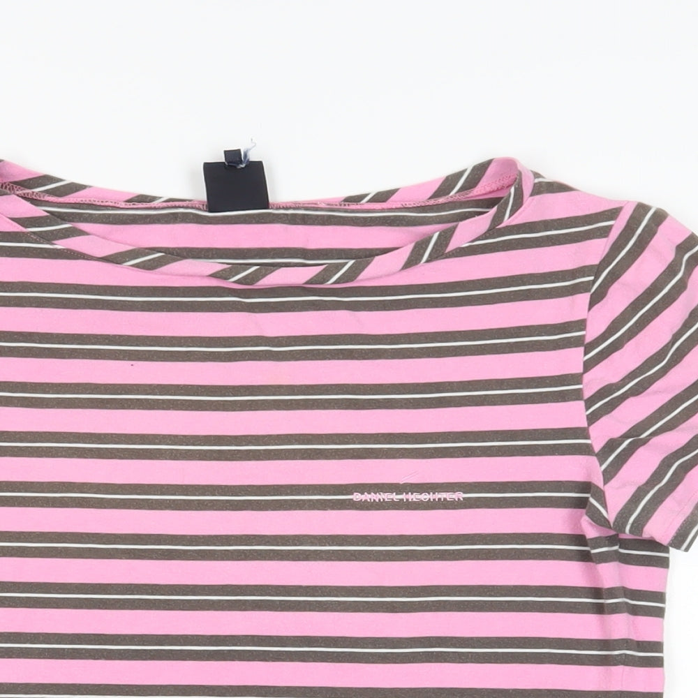 Daniel Hechter Womens Pink Striped Cotton Basic T-Shirt Size 8 Boat Neck - Logo