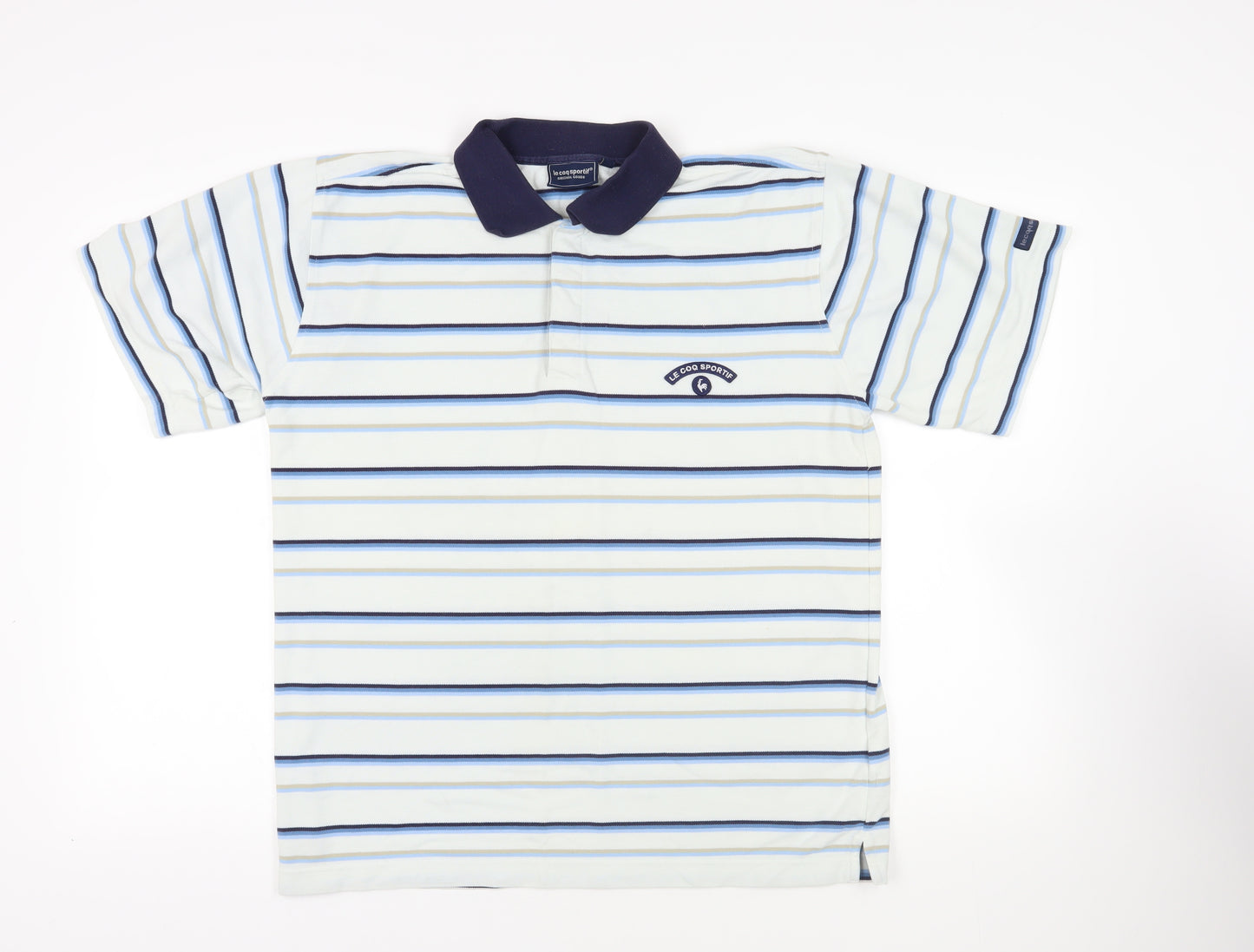 le coq sportif Mens Blue Striped Cotton Polo Size XL Collared Button - Logo