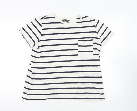 Marks and Spencer Womens Blue Striped Cotton Basic T-Shirt Size 14 Crew Neck - Pocket Detail