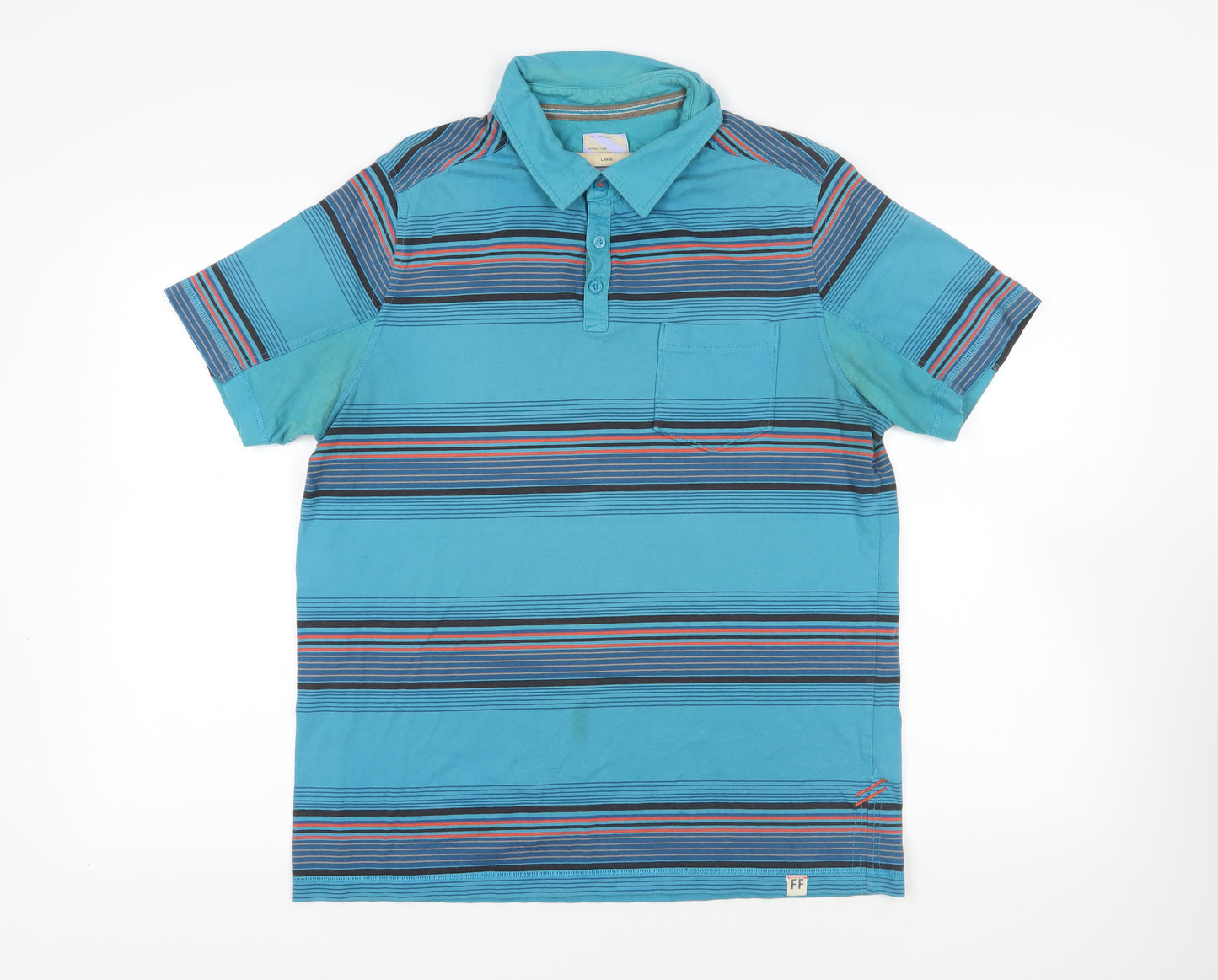 Fat Face Mens Blue Striped Cotton Polo Size L Collared Button