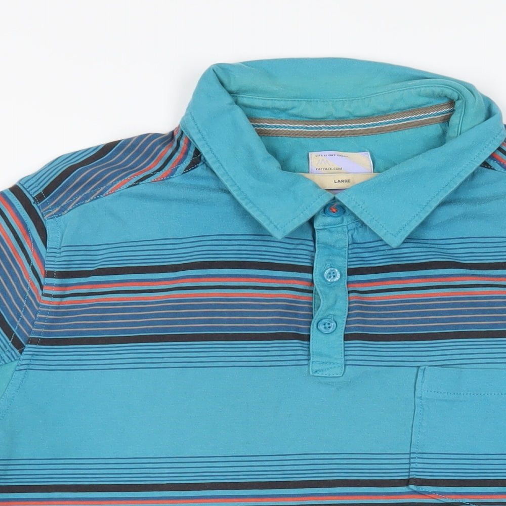 Fat Face Mens Blue Striped Cotton Polo Size L Collared Button