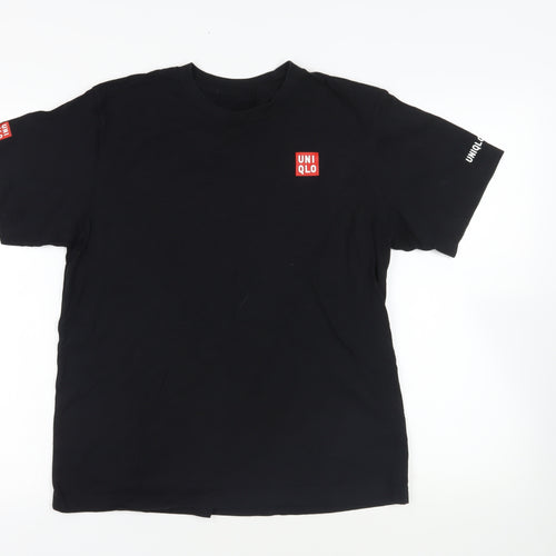 Uniqlo Mens Black Cotton T-Shirt Size M Crew Neck - Logo