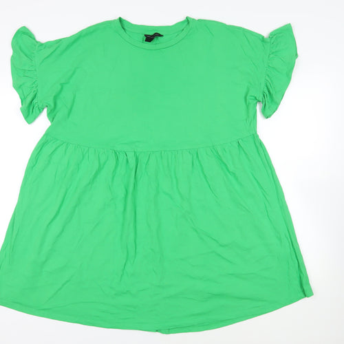 New Look Womens Green Cotton T-Shirt Dress Size 16 Crew Neck Pullover - Ruffle Sleeves