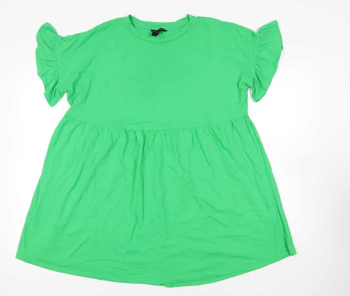 New Look Womens Green Cotton T-Shirt Dress Size 16 Crew Neck Pullover - Ruffle Sleeves