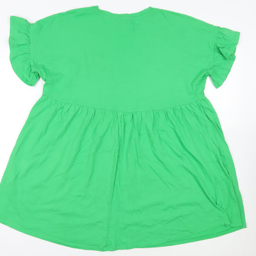 New Look Womens Green Cotton T-Shirt Dress Size 16 Crew Neck Pullover - Ruffle Sleeves