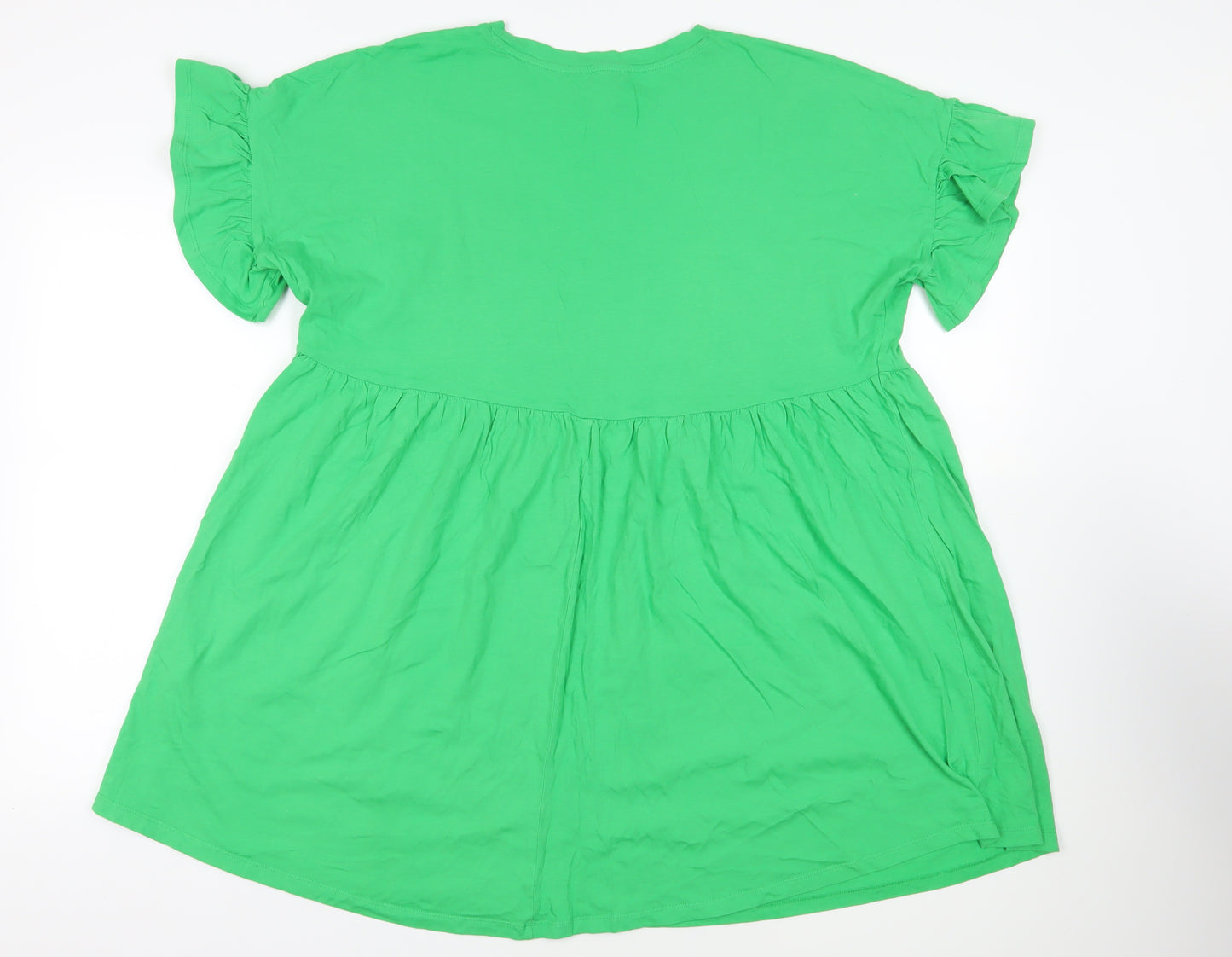 New Look Womens Green Cotton T-Shirt Dress Size 16 Crew Neck Pullover - Ruffle Sleeves