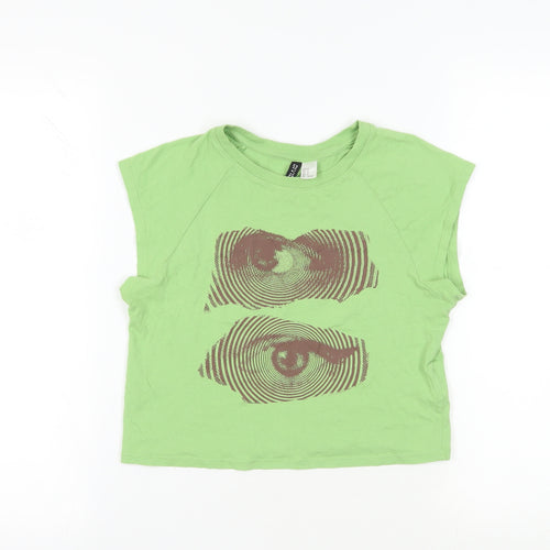 Divided by H&M Womens Green Cotton Cropped T-Shirt Size M Crew Neck - Eye