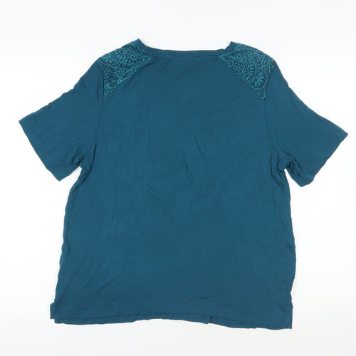 Marks and Spencer Womens Green Viscose Basic T-Shirt Size M V-Neck - Lace Detail