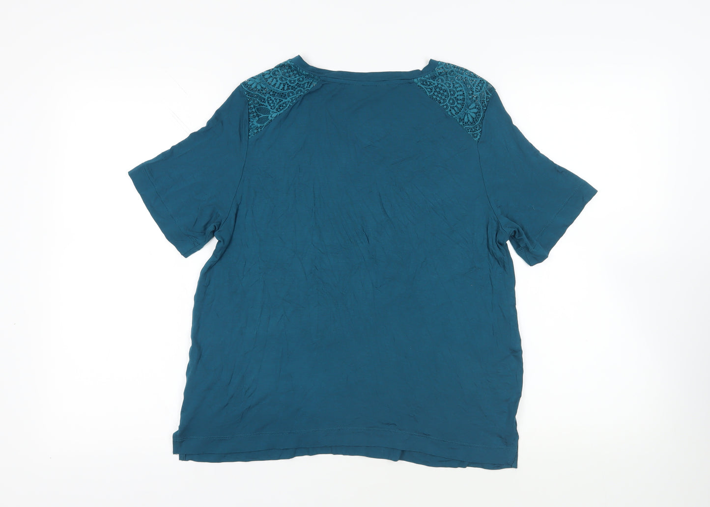 Marks and Spencer Womens Green Viscose Basic T-Shirt Size M V-Neck - Lace Detail