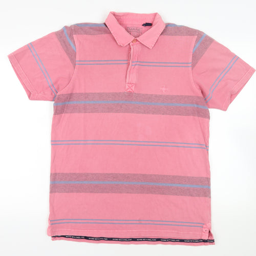 Maine New England Mens Pink Striped Cotton Polo Size M Collared Button