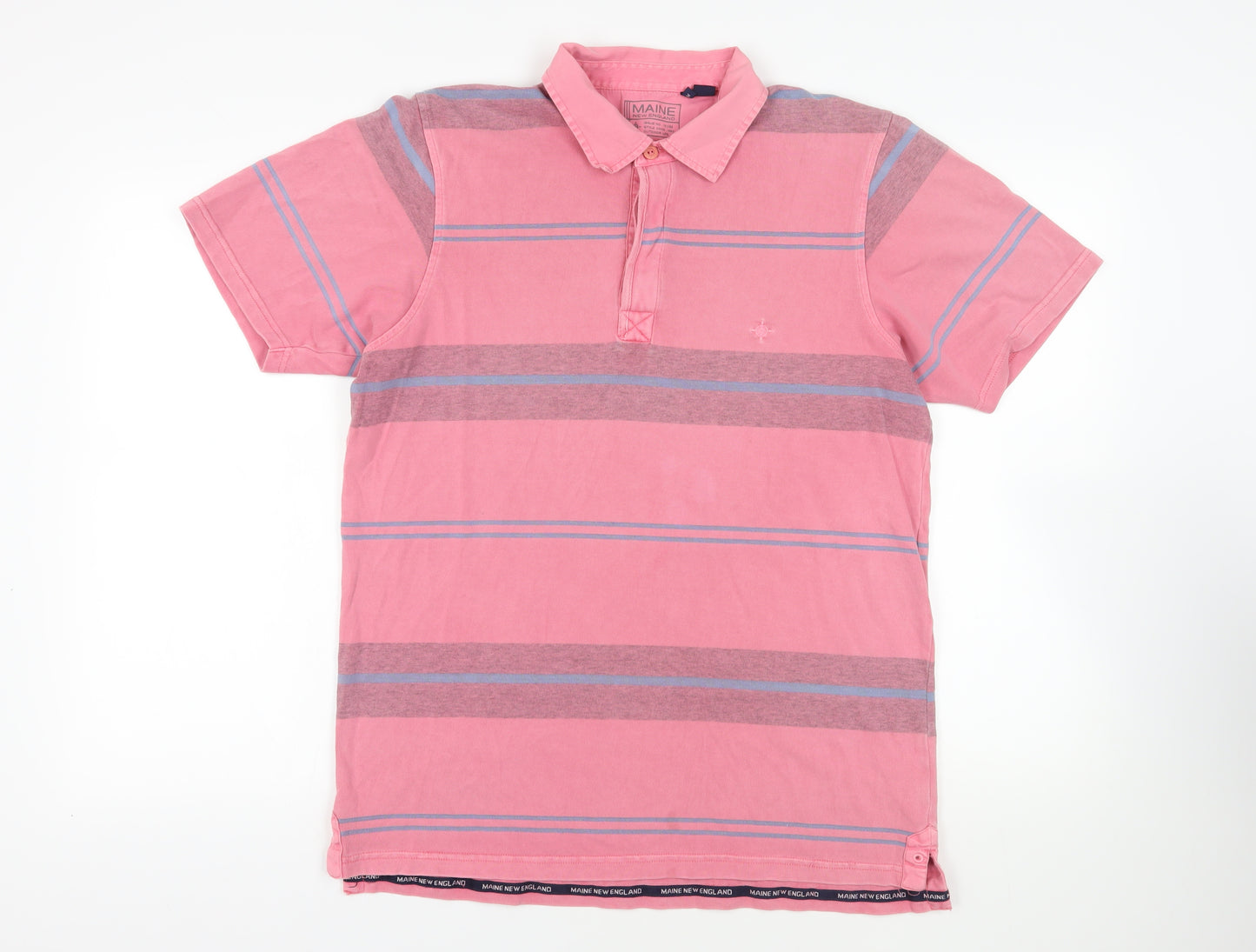 Maine New England Mens Pink Striped Cotton Polo Size M Collared Button