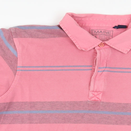 Maine New England Mens Pink Striped Cotton Polo Size M Collared Button