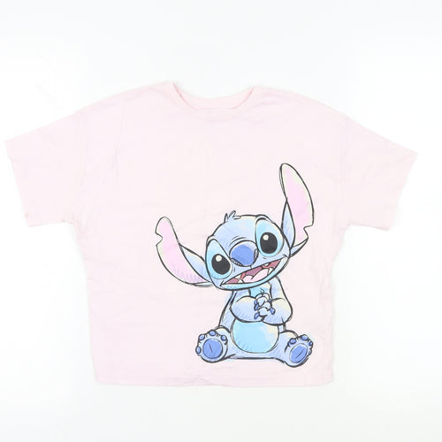 Marks and Spencer Girls Pink Cotton Pullover T-Shirt Size 8-9 Years Crew Neck Pullover - Disney Stitch