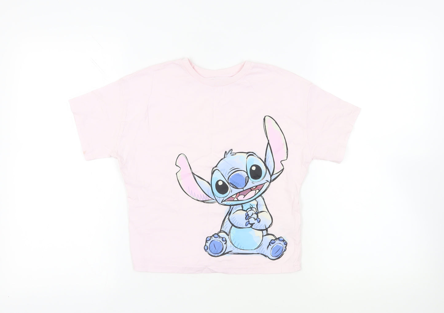 Marks and Spencer Girls Pink Cotton Pullover T-Shirt Size 8-9 Years Crew Neck Pullover - Disney Stitch