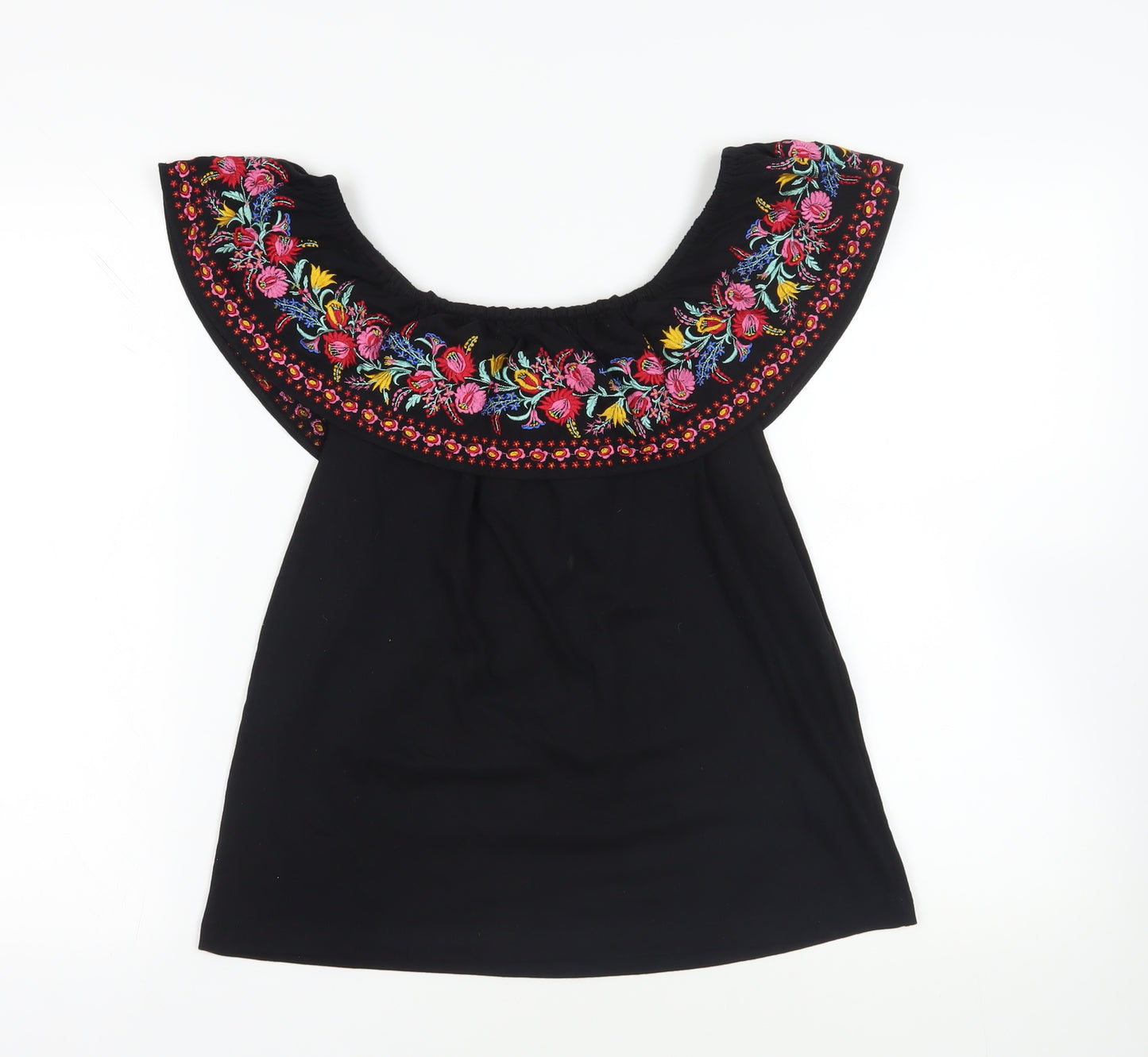 Oasis Womens Black Cotton Basic Blouse Size S Off the Shoulder - Embroidered Flowers