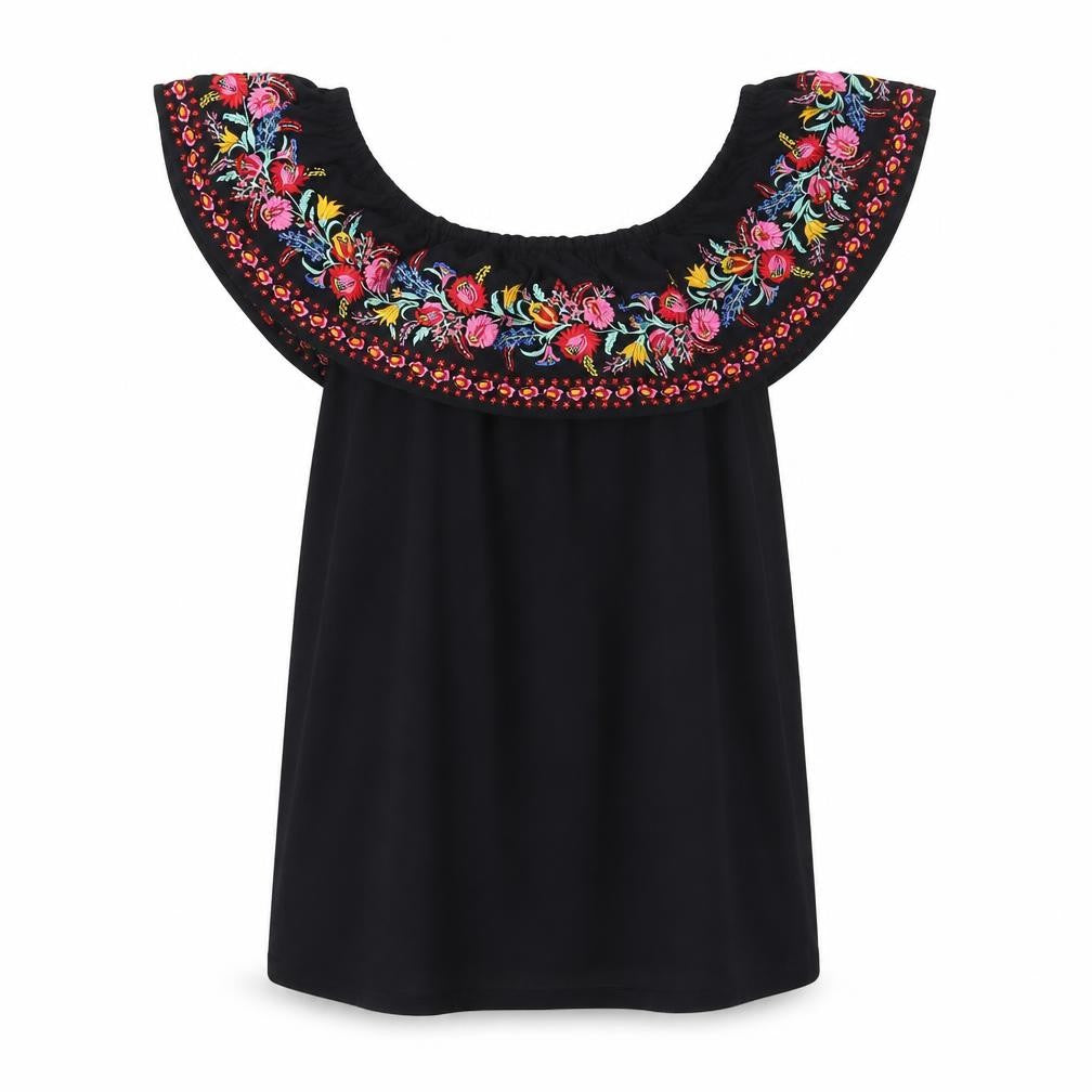 Front view of Oasis women’s black cotton basic blouse, size S, off the shoulder - embroidered flowers