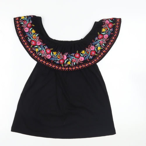 Oasis Womens Black Cotton Basic Blouse Size S Off the Shoulder - Embroidered Flowers