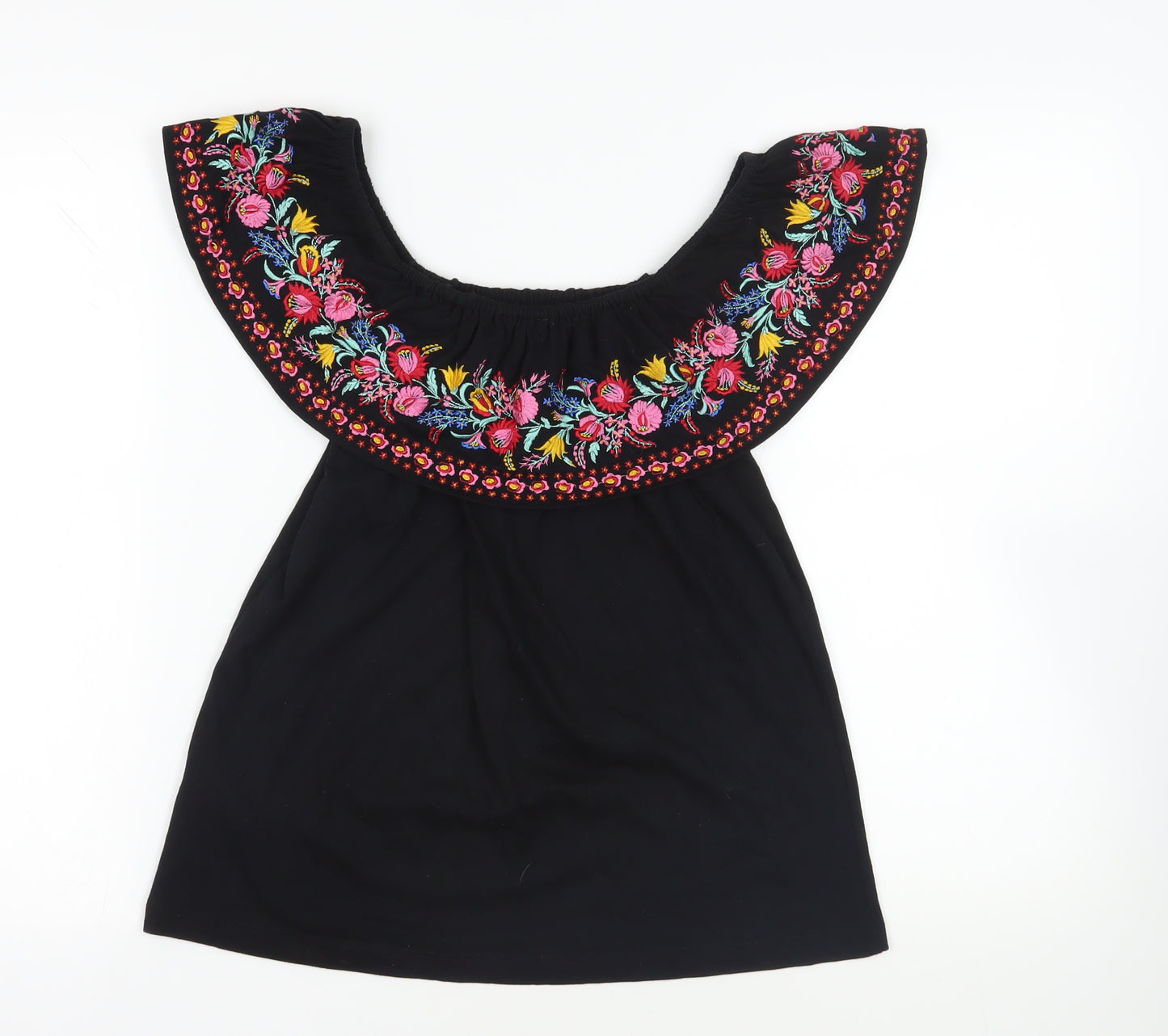 Oasis Womens Black Cotton Basic Blouse Size S Off the Shoulder - Embroidered Flowers