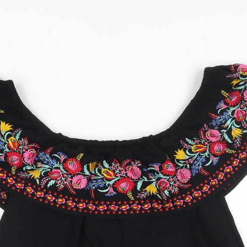 Oasis Womens Black Cotton Basic Blouse Size S Off the Shoulder - Embroidered Flowers