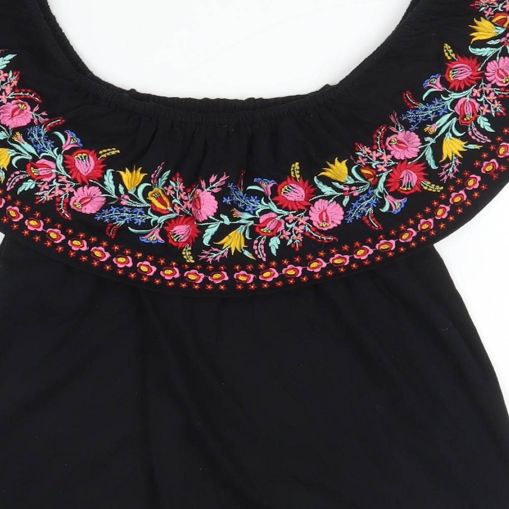 Oasis Womens Black Cotton Basic Blouse Size S Off the Shoulder - Embroidered Flowers