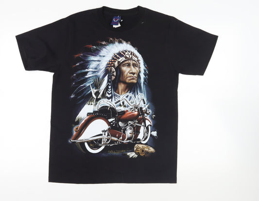 Fred Power Mens Black Cotton T-Shirt Size M Crew Neck - Native American Motorcycle