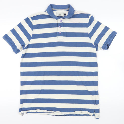 John Lewis Mens Blue Striped Cotton Polo Size L Collared Button