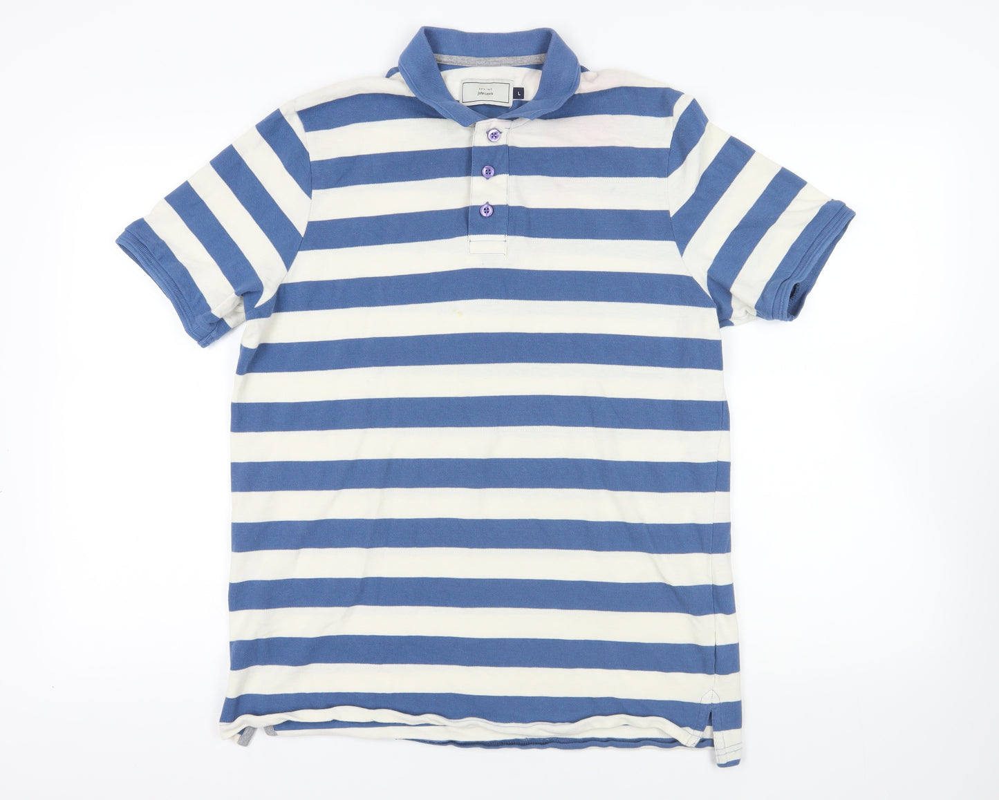 John Lewis Mens Blue Striped Cotton Polo Size L Collared Button