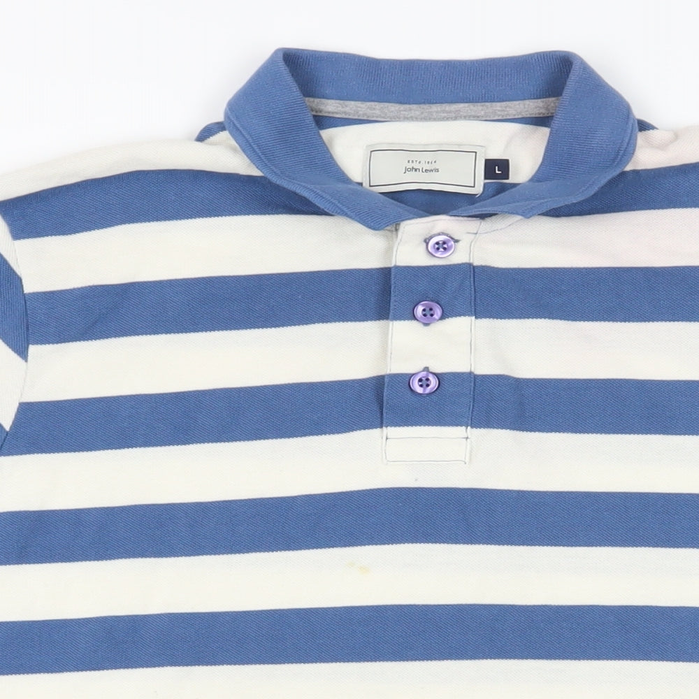 John Lewis Mens Blue Striped Cotton Polo Size L Collared Button