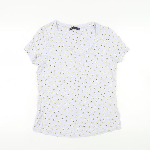 Marks and Spencer Womens Blue Floral Cotton Basic T-Shirt Size 12 Scoop Neck