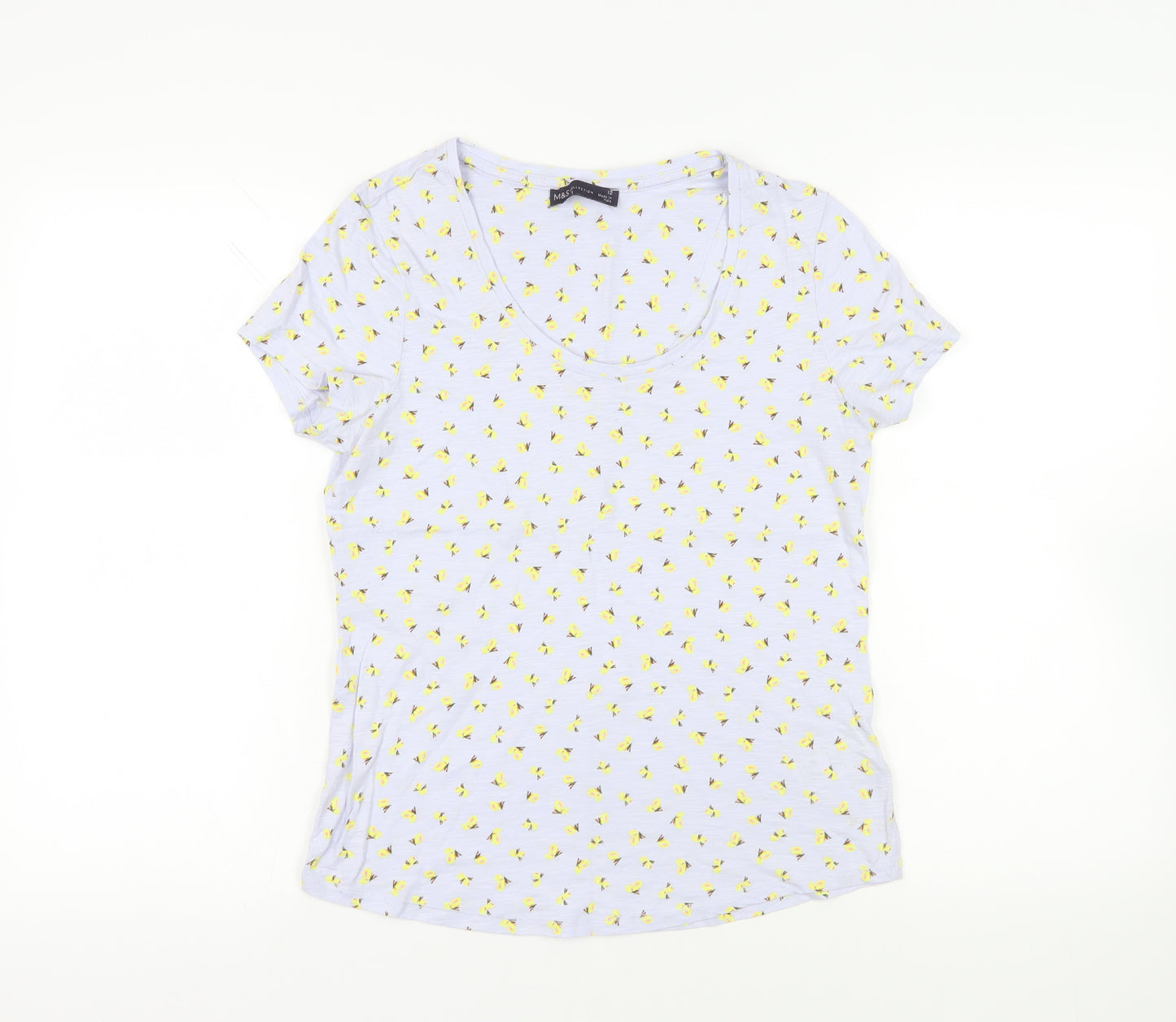 Marks and Spencer Womens Blue Floral Cotton Basic T-Shirt Size 12 Scoop Neck