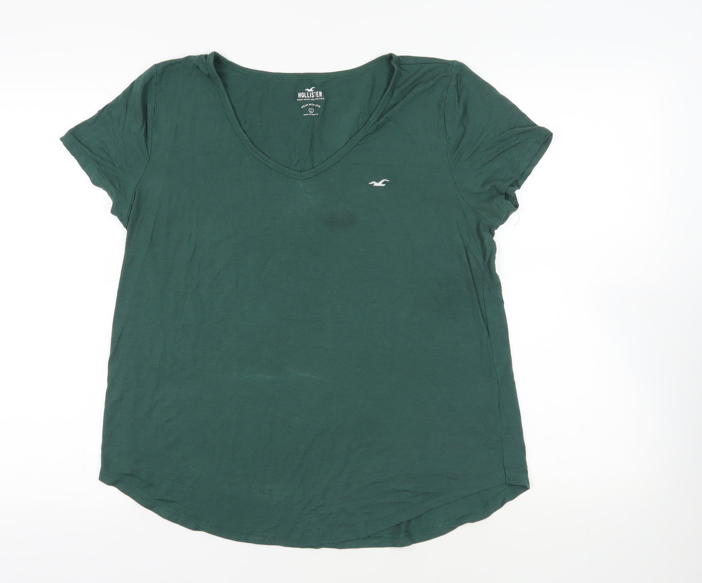 Hollister Womens Green Viscose Basic T-Shirt Size L V-Neck - Logo