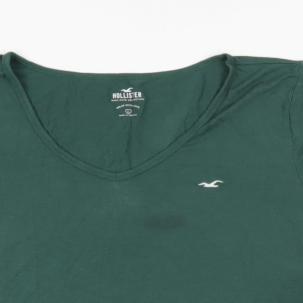 Hollister Womens Green Viscose Basic T-Shirt Size L V-Neck - Logo