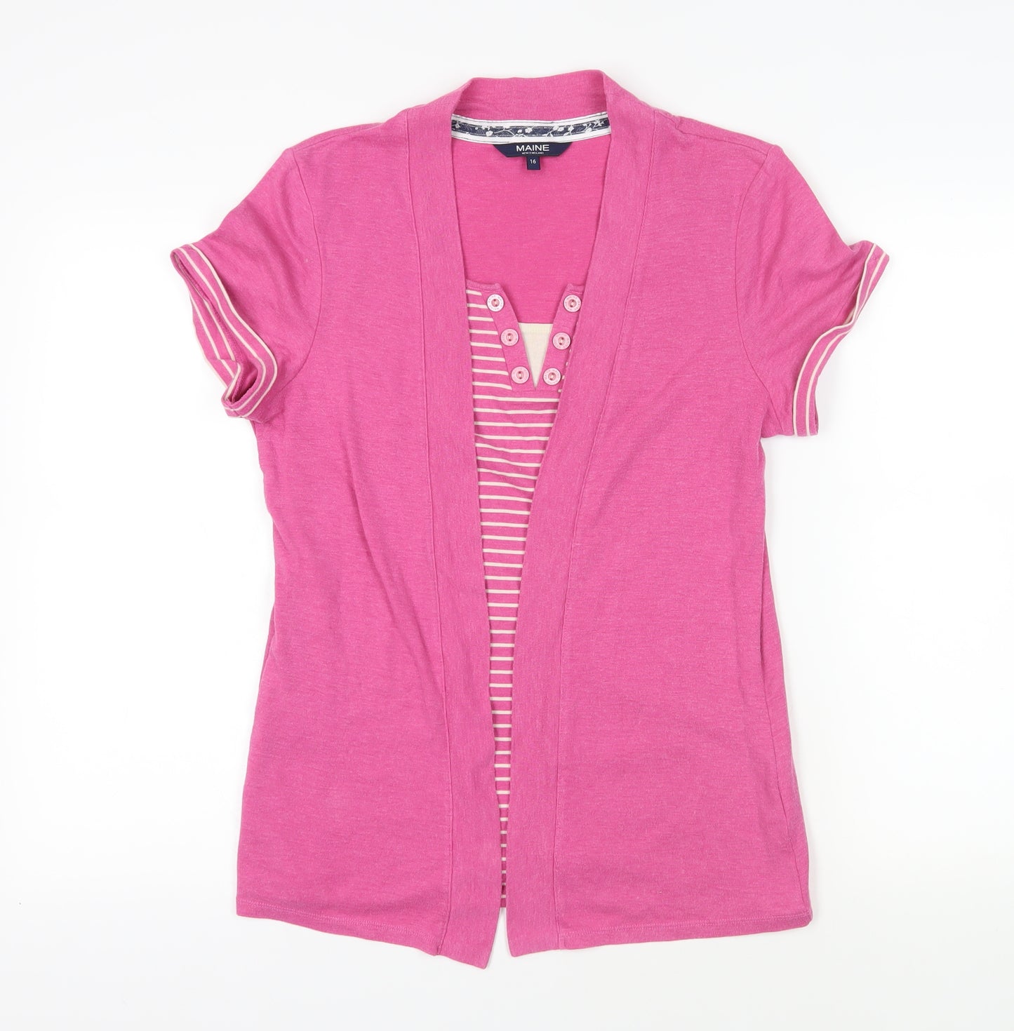 Maine New England Womens Pink Striped Cotton Basic T-Shirt Size 16 V-Neck - Layered