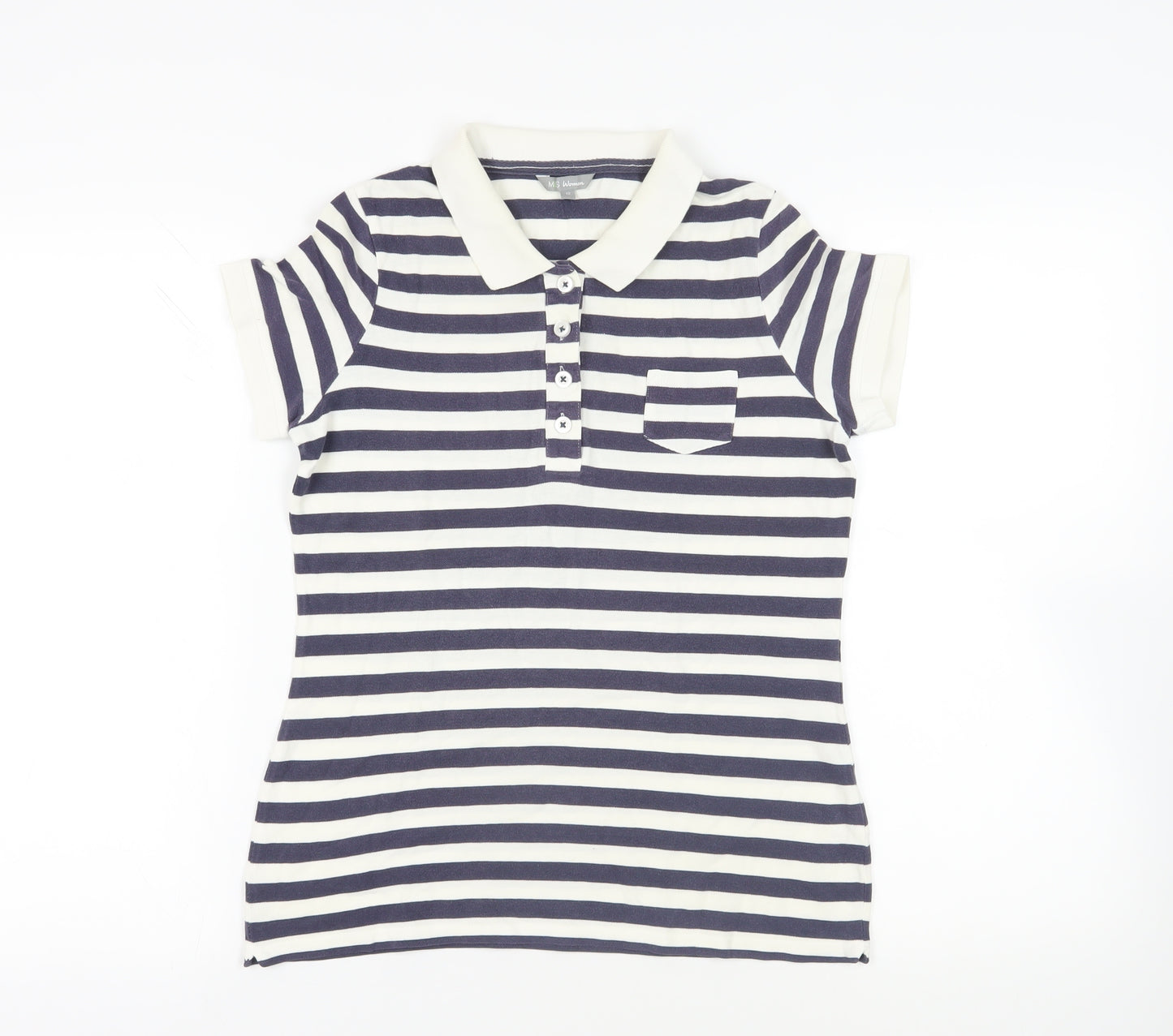 Marks and Spencer Womens Blue Striped Cotton Basic Polo Size 12 Collared