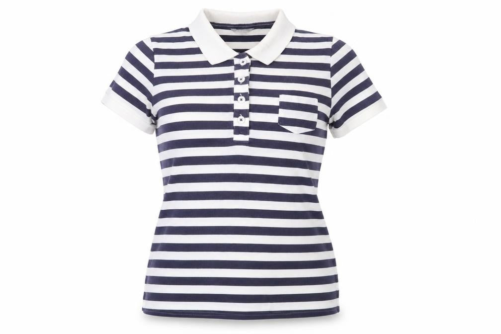 Front view of Marks & Spencer women’s blue striped cotton basic polo, size UK 12, collared